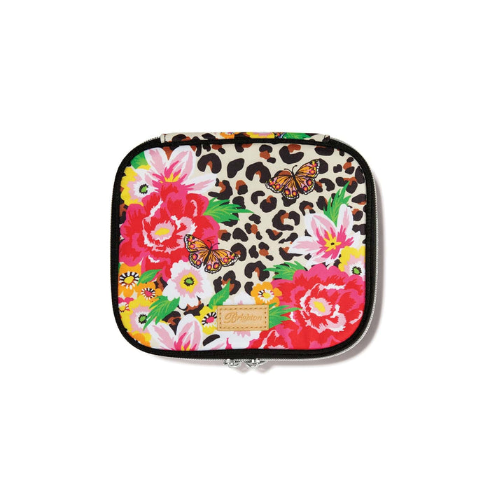 Brighton zip case with floral, leopard, and butterfly print and leather logo patch on a white background