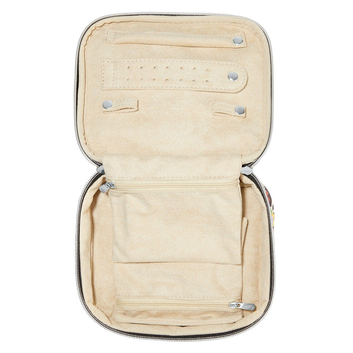 Brighton jewelry case shown open with beige velvet interior, ring rolls, snap closures, and zippered pockets on a white background