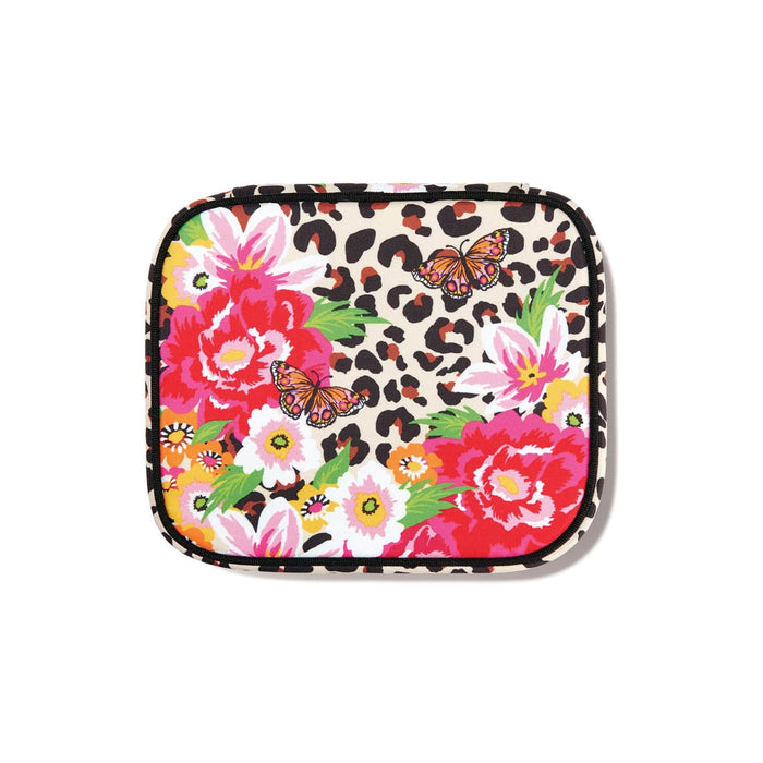 Brighton zip pouch with floral and butterfly print over leopard pattern and black trim on a white background