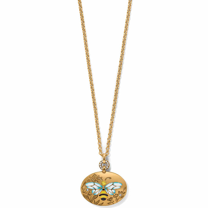Brighton pendant necklace with gold plated oval bee medallion, enamel wings, and crystal accents on a white background