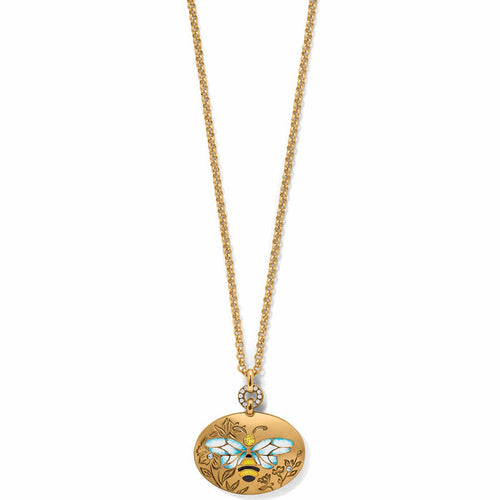 Brighton pendant necklace with gold plated oval bee medallion, enamel wings, and crystal accents on a white background