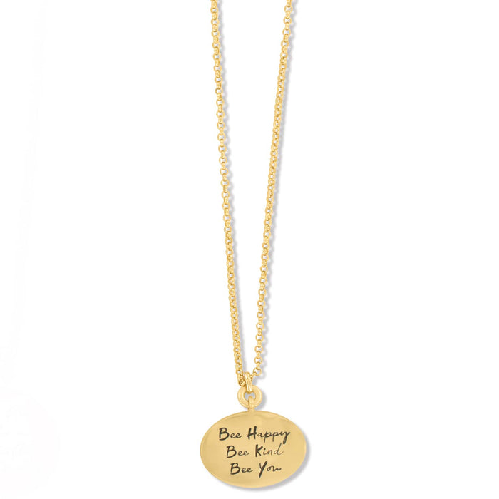Brighton pendant necklace with gold-plated oval charm engraved Bee Happy Bee Kind Bee You on a white background