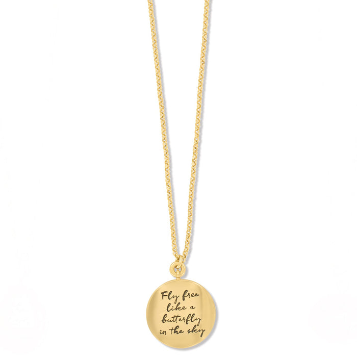 Brighton pendant necklace with gold-plated round charm engraved with inspirational script on a white background