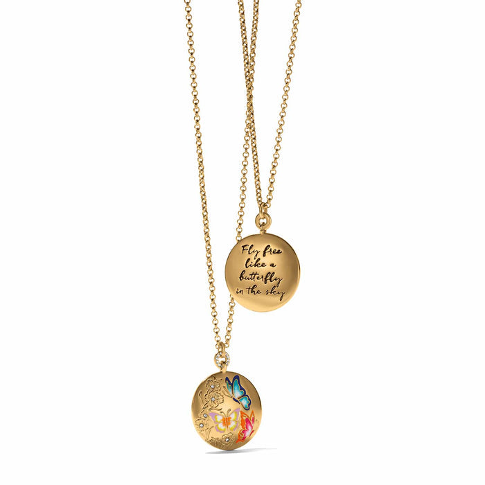 Brighton gold-plated pendant necklace with enamel butterfly design and engraved inspirational message on a white background
