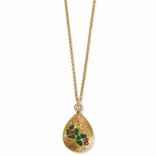 Brighton pendant necklace with gold-plated teardrop featuring enamel floral ladybug design and crystal accents on a white background
