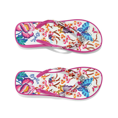 Brighton pink rubber flip-flop sandals with floral and butterfly print and crystal medallion accent on a white background