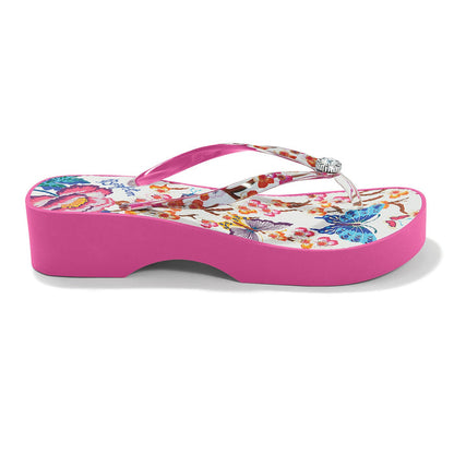 Brighton pink rubber wedge flip-flop sandal with floral print footbed and crystal strap accent on a white background
