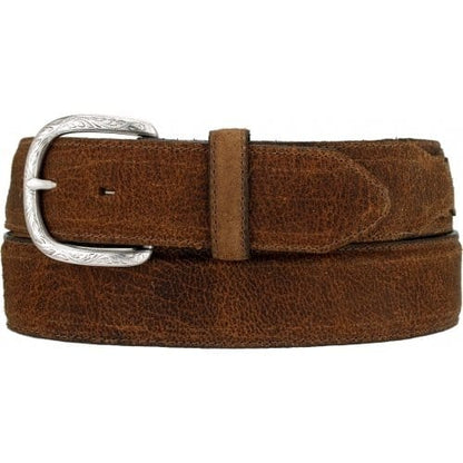 Brighton brown distressed leather belt with silver-tone engraved buckle and matching keeper loop on a white background