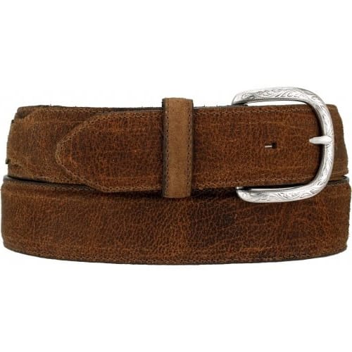 Brighton brown distressed leather belt with silver-tone engraved buckle and keeper loop on a white background