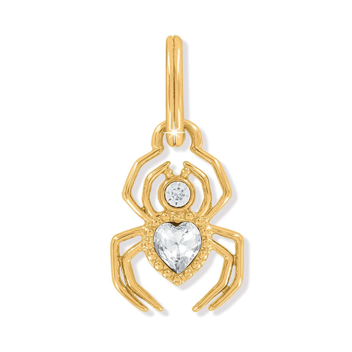 Brighton spider charm in gold-plated finish with round crystal accent and heart-shaped crystal body on a white background