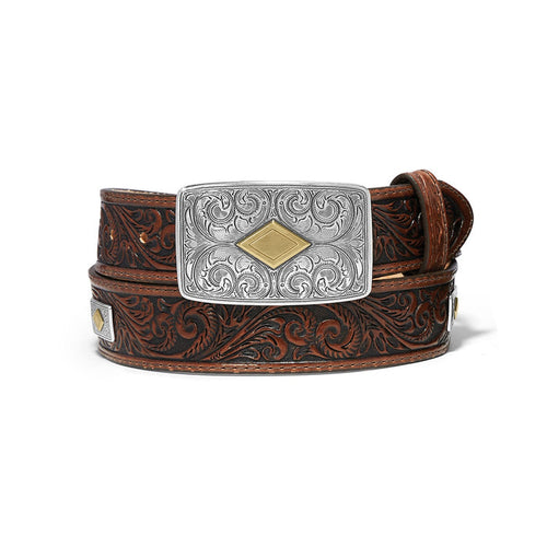 Brighton tooled leather belt with silver-tone engraved buckle featuring gold diamond accent and scrollwork detail on a white background