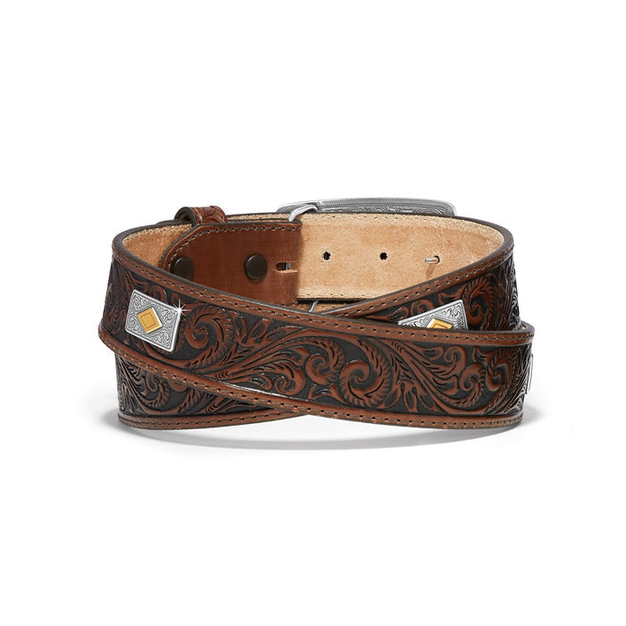 Brighton coiled brown leather belt with tooled scroll pattern, silver-tone buckle, and decorative conchos on a white background
