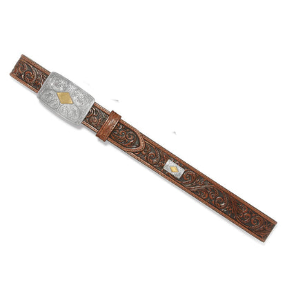 Brighton tooled brown leather belt with engraved silver-tone buckle and gold diamond accents on a white background