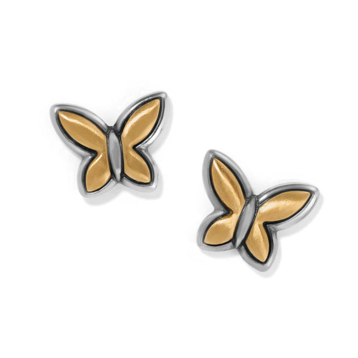 Brighton butterfly stud earrings with gold-plated wings and silver-plated outlined borders on a white background