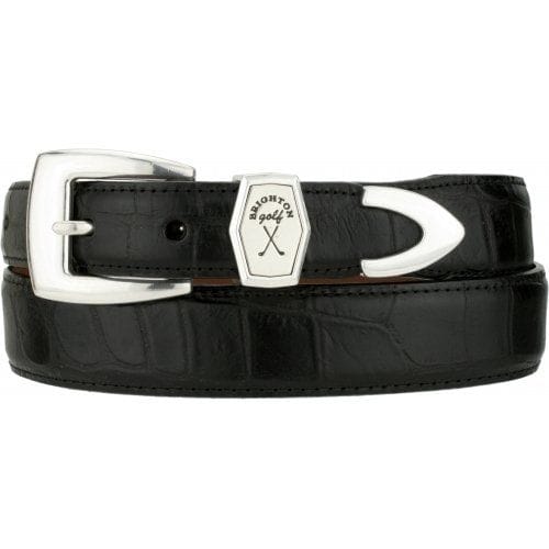 Brighton black leather belt with silver-tone buckle and golf-themed medallion keeper on a white background