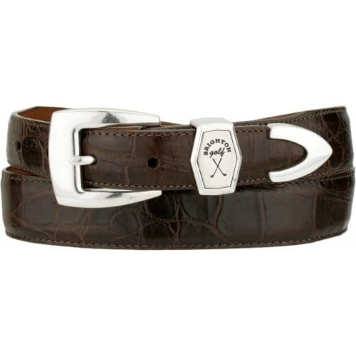 Brighton brown leather belt with crocodile texture, silver-tone buckle, and golf-themed keeper accent on a white background