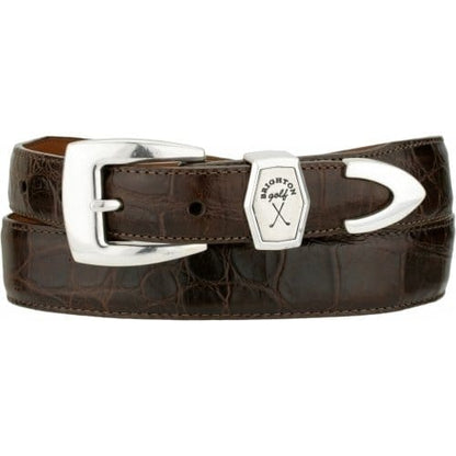 Brighton brown leather belt with crocodile texture, silver-tone buckle, and golf-themed keeper accent on a white background