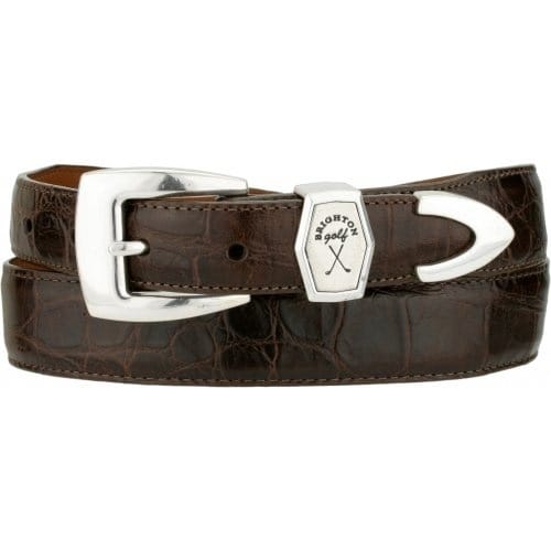 Brighton brown crocodile-embossed leather belt with silver-tone buckle and golf-themed keeper ornament on a white background