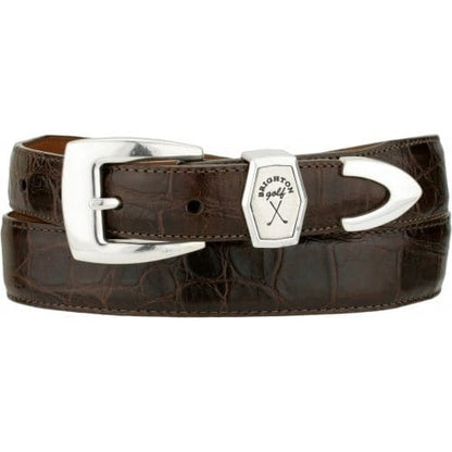 Brighton brown crocodile-embossed leather belt with silver-tone buckle and golf-themed keeper ornament on a white background