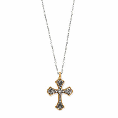 Brighton pendant necklace with two-tone cross featuring silver scrollwork and gold border on a white background