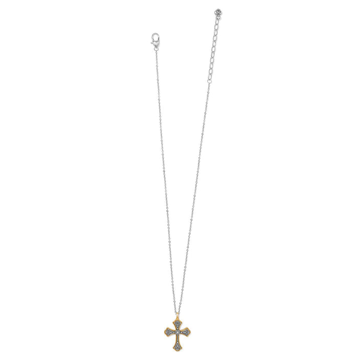 Brighton pendant necklace with two-tone cross featuring scroll detail and crystal accent on a white background