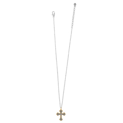 Brighton pendant necklace with two-tone cross featuring scroll detail and crystal accent on a white background