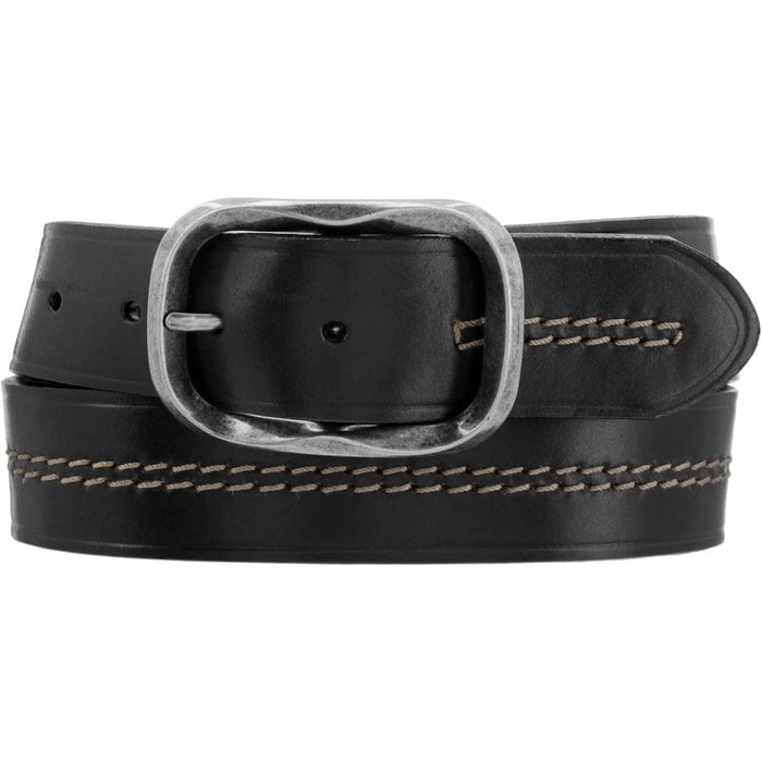 Brighton black leather belt with antiqued silver-tone oval buckle and contrast center stitching on a white background