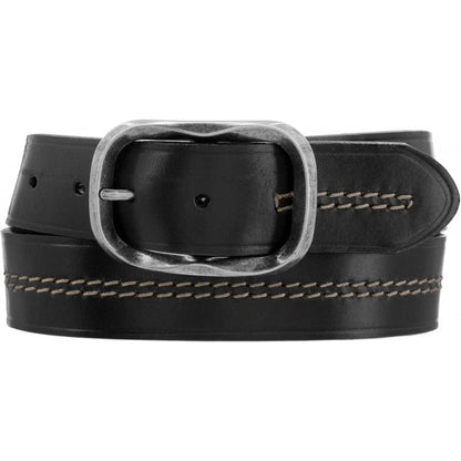 Brighton black leather belt with antiqued silver-tone oval buckle and contrast center stitching on a white background