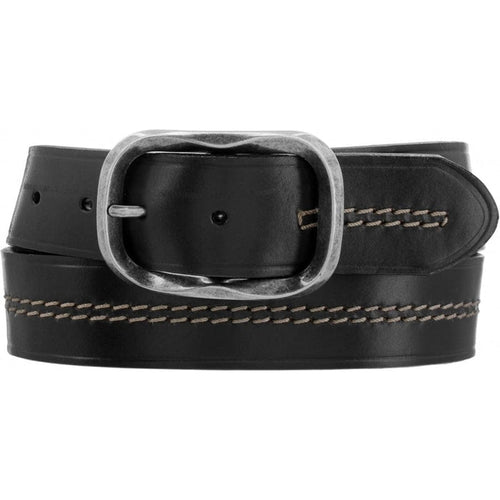 Brighton black leather belt with antiqued silver-tone oval buckle and contrast center stitching on a white background