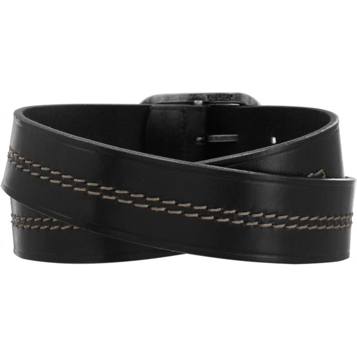 Brighton black leather belt with double-row contrast stitching and dark buckle, coiled on a white background