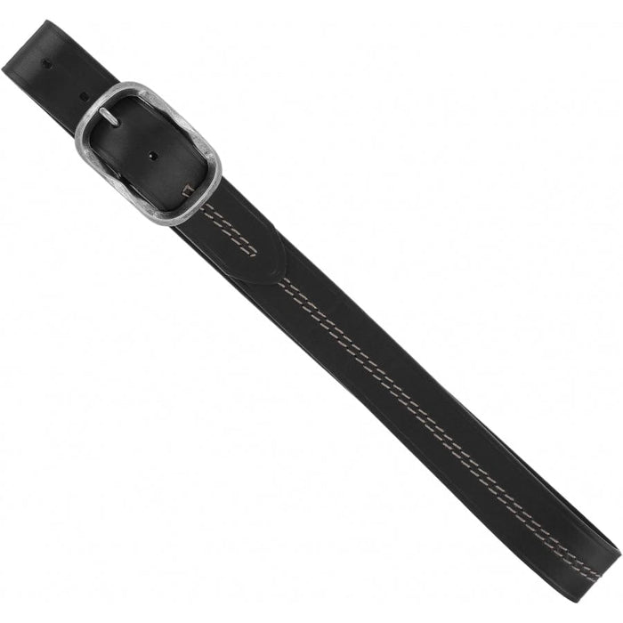 Brighton black leather belt with silver-tone center bar buckle and contrast stitching detail on a white background