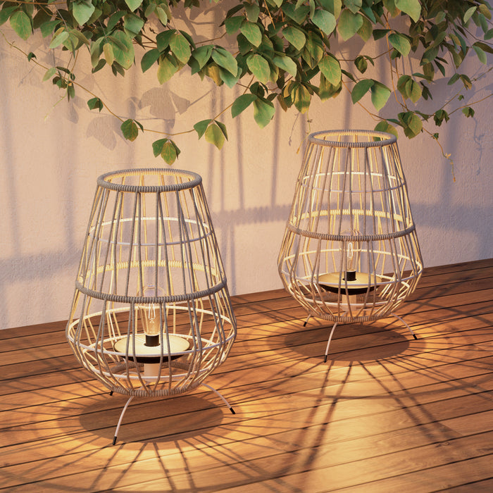 GRAND PATIO 15-inch Apollo Outdoor LED Solar Powered Resin Polyester Cord Woven Floor Lamp Set of 2 with LED Edison Bulb, Water-Resistant Accent Garden Light, Pathway, Taupe Brown.