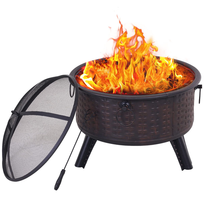 Fire pit with flames and a mesh screen on a white background