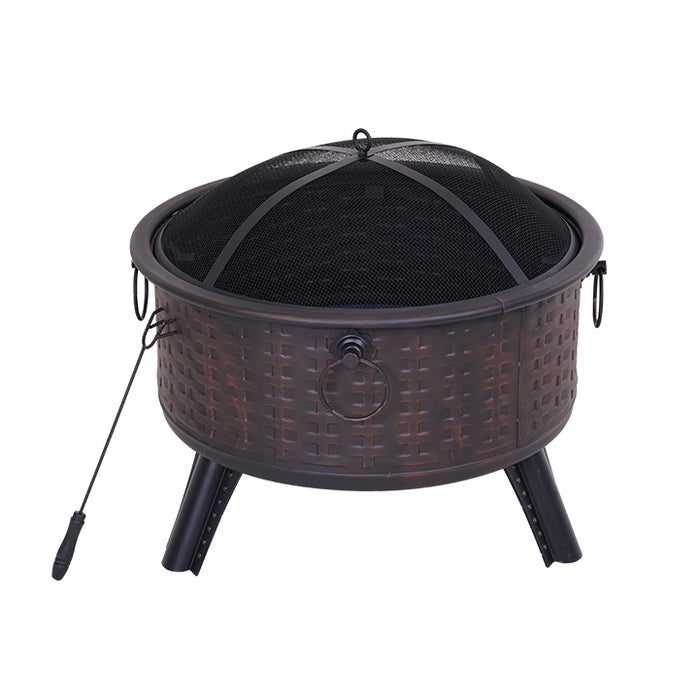 Black metal fire pit with woven design on a white background