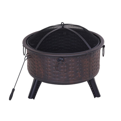 Black metal fire pit with woven design on a white background