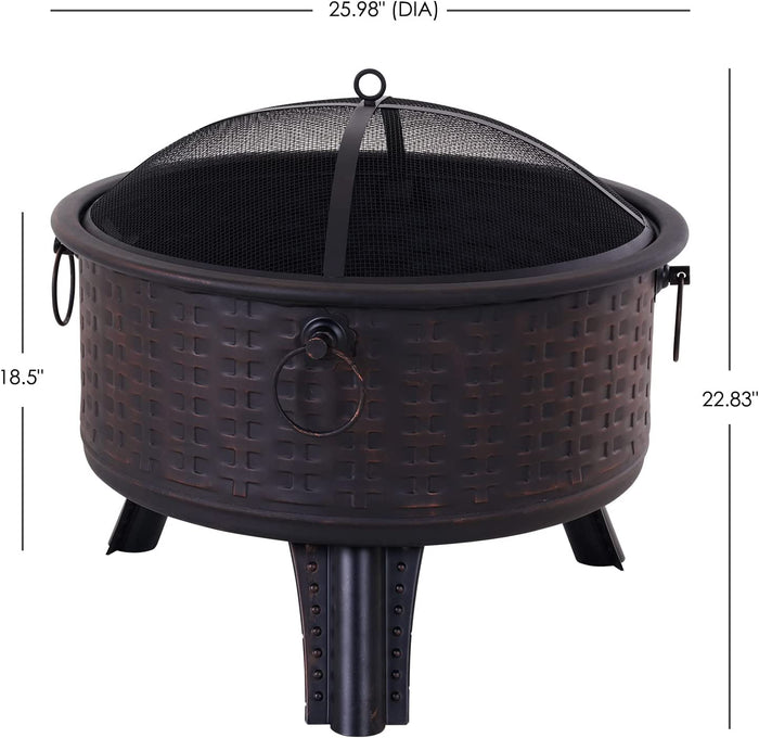 Black metal fire pit with dimensions displayed