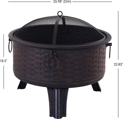 Black metal fire pit with dimensions displayed