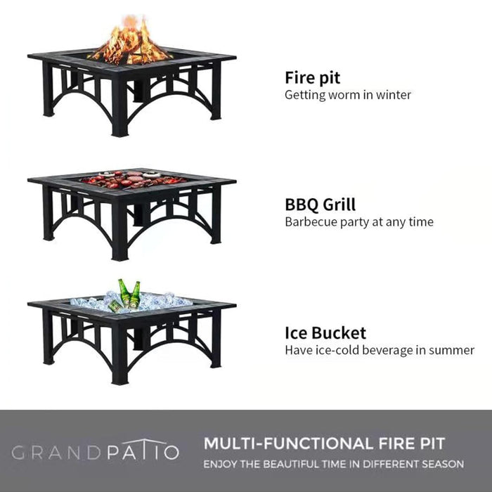 Multi-functional fire pit with fire, grill, and ice bucket features on a white background.