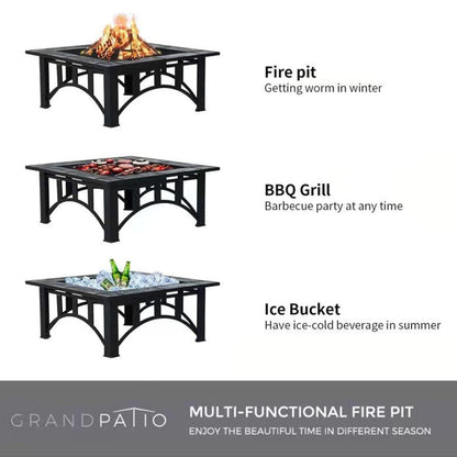 Multi-functional fire pit with fire, grill, and ice bucket features on a white background.