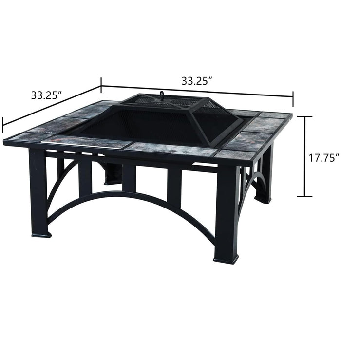 Square fire pit table with dimensions on a white background