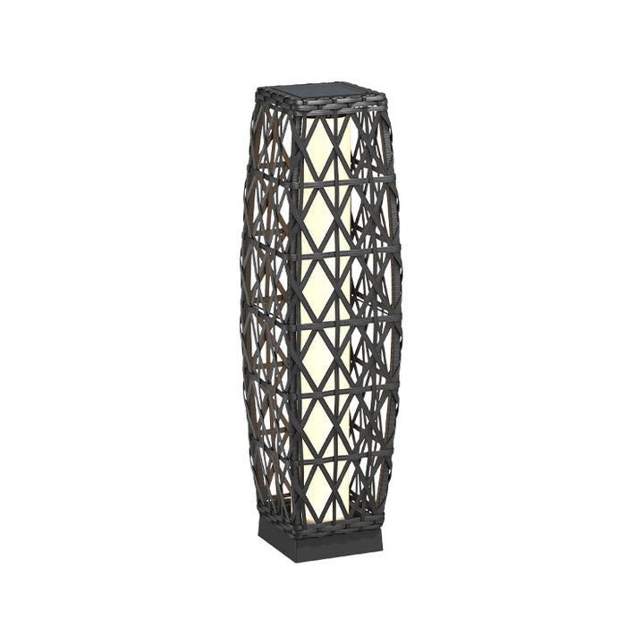 Decorative outdoor lamp with woven design on a white background