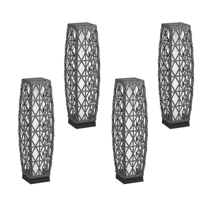 Set of four geometrically patterned vases on a white background