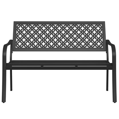 Durable garden bench with anti-rust steel frame and floral lattice design, featuring a black finish and slatted seat.