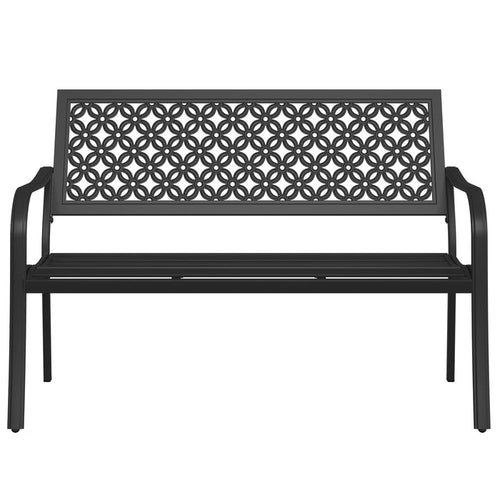 Durable garden bench with anti-rust steel frame and floral lattice design, featuring a black finish and slatted seat.