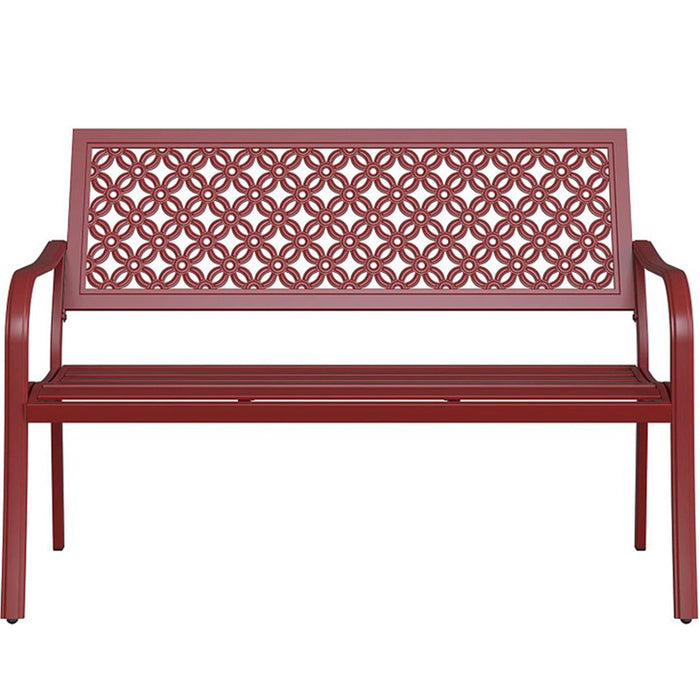 Red garden bench with anti-rust steel frame and floral lattice design, featuring a slatted seat and curved armrests.