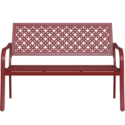 Red garden bench with anti-rust steel frame and floral lattice design, featuring a slatted seat and curved armrests.