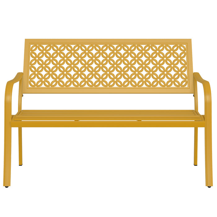 Durable yellow garden bench with anti-rust steel frame and floral lattice design, front view.