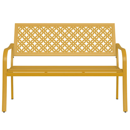 Durable yellow garden bench with anti-rust steel frame and floral lattice design, front view.