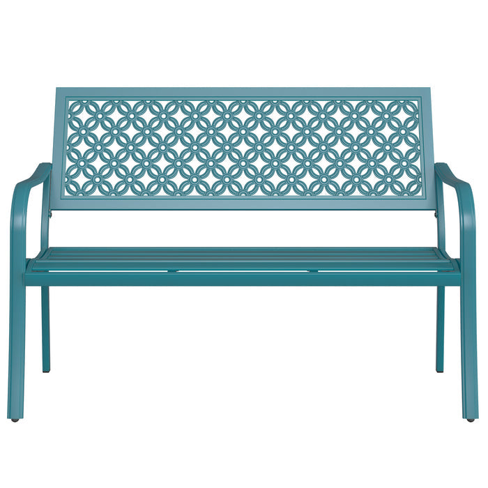 Durable garden bench with a teal anti-rust steel frame and floral lattice design, viewed from the front.