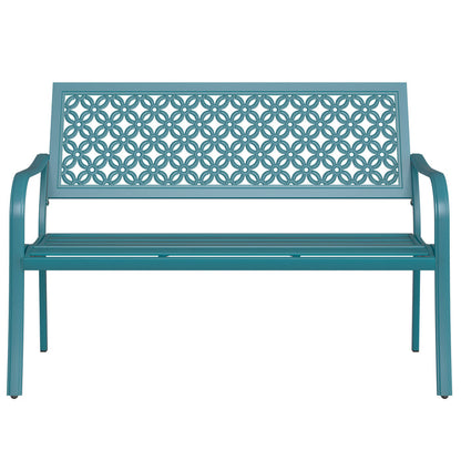 Durable garden bench with a teal anti-rust steel frame and floral lattice design, viewed from the front.